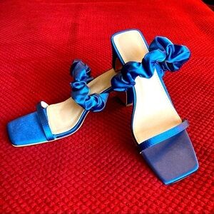 TJIN Sz 8 Blue Satin Heel Slide On Sandals Square Toes Elastic Top  Strap